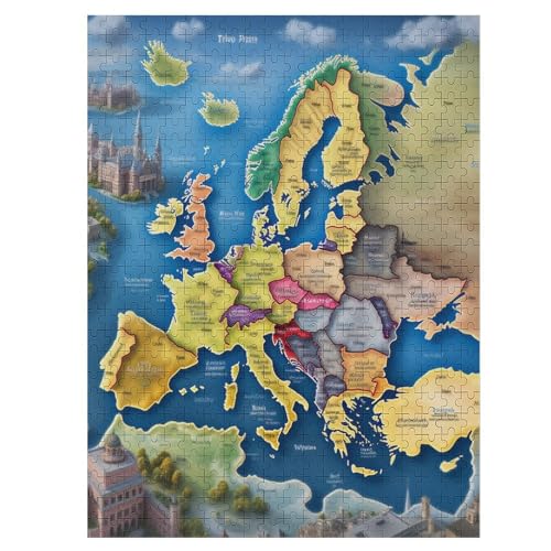 Europakarte Holzpuzzle 500 Teile Klassische Puzzles Erwachsene Kinder Puzzle DIY Kit Holzspielzeug Einzigartiges Geschenk Moderne Wohnkultur （55×41cm） von GGJJTT