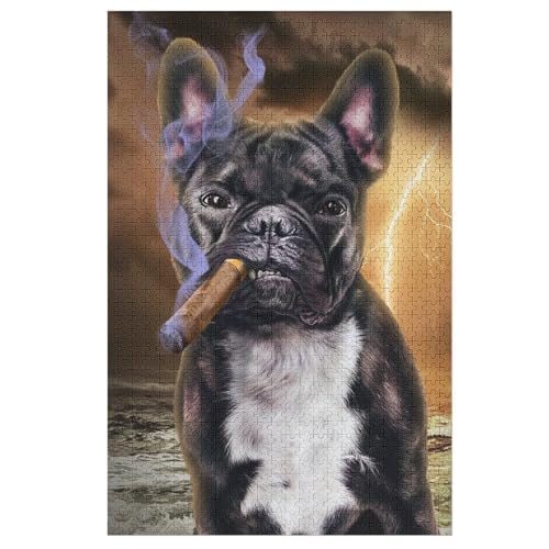 Französische Bulldogge with Cigar Puzzles 1000 Teile Erwachsener Kniffel Spaß Für Die Ganze Familie - 1000 Puzzleteilige Motive, Holzpuzzle Kinder Erwachsene, Impossible Puzzle Schwer （78×53cm） von GGJJTT