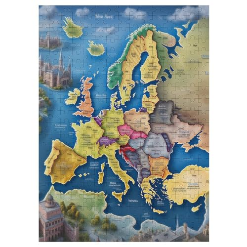 Holzpuzzles 300 Teile Europakarte -Puzzle Für Jungen Und Mädchen, Schwierigkeitsgrad, Lernspiele, Familienspielzeug （42×30cm） von GGJJTT