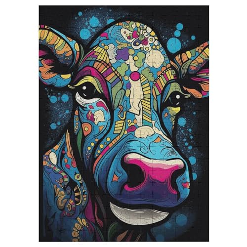 Holzpuzzles 300 Teile Psychedelisch-Pattern-Cow -Puzzle Für Jungen Und Mädchen, Schwierigkeitsgrad, Lernspiele, Familienspielzeug （42×30cm） von GGJJTT