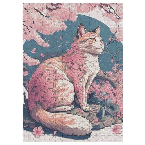 Kirschblütenkatze Japan 300 Teile Puzzles Für Erwachsene Holzpuzzle Familienpuzzlespiel Stressabbau-Puzzle Für Erwachsene Kinder Ab 12 Jahren （42×30cm） von GGJJTT