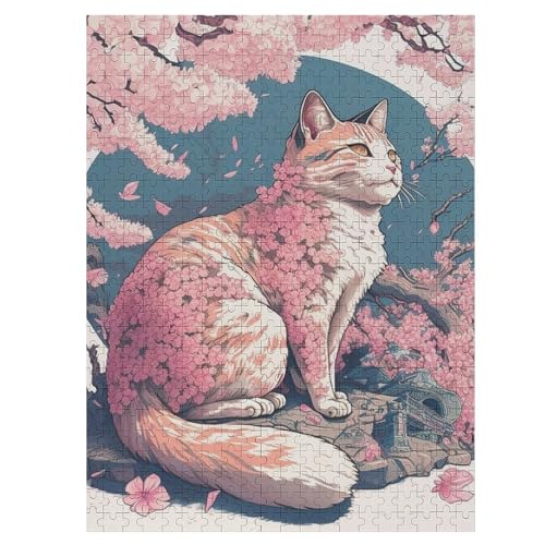 Kirschblütenkatze Japan -Puzzle, 500 Teile,Holzpuzzle Für Erwachsene Kinder, Lustiges Spielzeug, Denkspiel, Spielzeug, Bildungsspiel, Herausforderung, Pädagogisch, （55×41cm） von GGJJTT