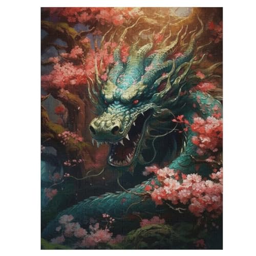 Kirschjapanischer Drache -Puzzle, 500 Teile,Holzpuzzle Für Erwachsene Kinder, Lustiges Spielzeug, Denkspiel, Spielzeug, Bildungsspiel, Herausforderung, Pädagogisch, （55×41cm） von GGJJTT