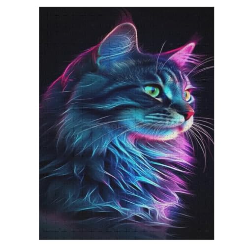 Neon Katze Dark-Puzzlespiel Aus Holz, 500 Puzzleteile, Kreatives Puzzle Für Teenager Und Erwachsene, Kreatives Spielzeug, Puzzles, （55×41cm） von GGJJTT