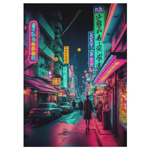 Neon in Tokio Holzpuzzle 300 Teile,Puzzles Für Erwachsene, Impossible Puzzle, Geschicklichkeitsspiel Für Die Ganze Familie,Home Dekoration Puzzle, Puzzle Kinder Legespiel （42×30cm） von GGJJTT