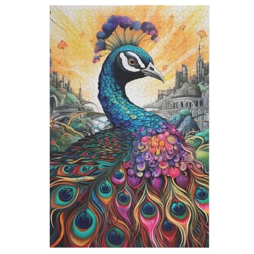 Pfau -Puzzle, 1000 Teile,Holzpuzzle Für Erwachsene Kinder, Lustiges Spielzeug, Denkspiel, Spielzeug, Bildungsspiel, Herausforderung, Pädagogisch, （78×53cm） von GGJJTT