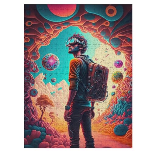 Psychedelisch Time Traveler -Puzzle, 500 Teile,Holzpuzzle Für Erwachsene Kinder, Lustiges Spielzeug, Denkspiel, Spielzeug, Bildungsspiel, Herausforderung, Pädagogisch, （55×41cm） von GGJJTT