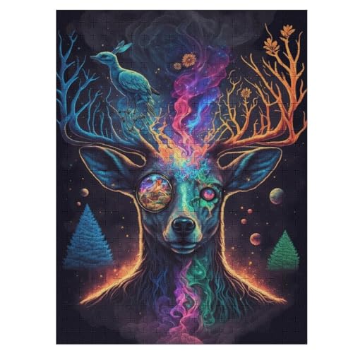 Puzzle Für Erwachsene, Cosmic Trippy Hirsch, 500 Puzzleteile Für Kinder, Holzpuzzles, Geeignet Für Erwachsene, Lernspiel, Herausforderungsspielzeug （55×41cm） von GGJJTT