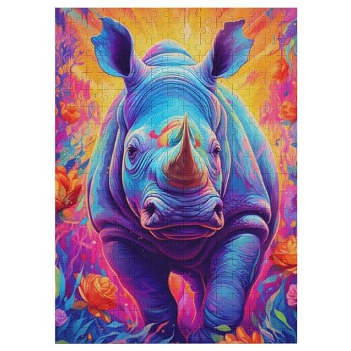 Puzzles Für Erwachsene, Puzzle Neon-Nashorn, 300 Teile, Puzzle Aus Holz Für Erwachsene Und Kinder Ab 12 Jahren, Lernspielzeug （42×30cm） von GGJJTT