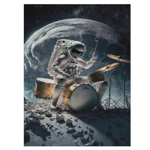 Schlagzeug spielender Astronaut Puzzle 500 Teile,Puzzles Für Erwachsene, Impossible Puzzle, Geschicklichkeitsspiel Für Die Ganze Familie, Puzzle Kinder,Holzpuzzle-Geschenk,Raumdekoration, （55×41cm） von GGJJTT