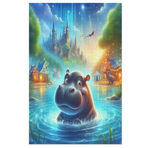 Tierisches Nilpferd Puzzle 1000 Teile, Holzpuzzle Für Erwachsene, Impossible Puzzle, Geschicklichkeitsspiel Für Die Ganze Familie, Puzzle Farbenfrohes Legespiel Kinder Puzzles （78×53cm） von GGJJTT