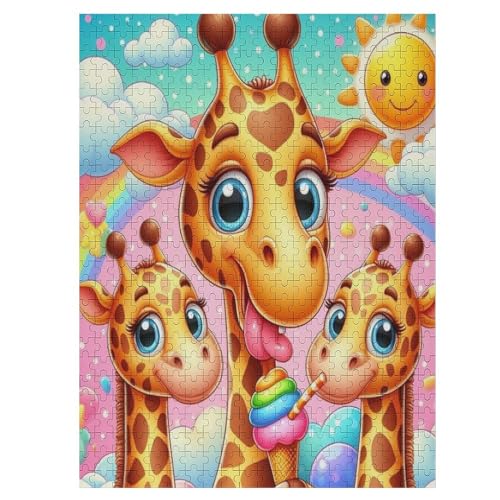 süße Giraffe Puzzle 500 Teile, Holzpuzzle Für Erwachsene, Impossible Puzzle, Geschicklichkeitsspiel Für Die Ganze Familie, Puzzle Farbenfrohes Legespiel Kinder Puzzles （55×41cm） von GGJJTT