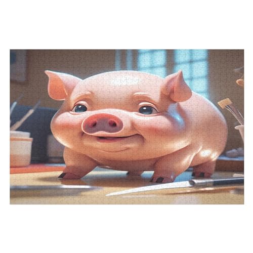 süßes Schwein Puzzle 1000 Teile, Holzpuzzle Herausforderndes Geschicklichkeitsspiel Kinder Erwachsenenpuzzle Ab 12 Jahren 78×53cm von GGJJTT