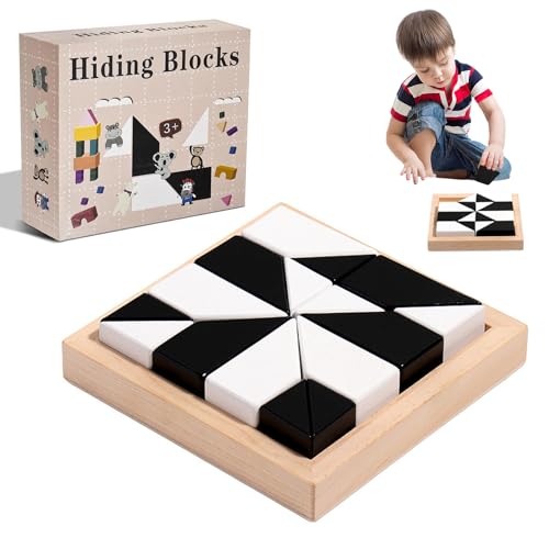 GGesii Montessori Geometrische Form Puzzles, Hidden Block Puzzle, Verstecktes Holzblock-Puzzle, für Kinder, Erwachsene (Schwarz und weiß) von GGesii
