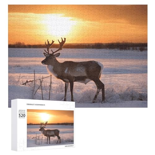 Puzzle für Erwachsene, Hirsch auf Schneefeld bei Sonnenaufgang, Puzzle mit Buchstaben auf der Rückseite, herausforderndes Spielpuzzle, personalisiertes Puzzle, perfekt für Puzzle-Enthusiasten von GHBNK