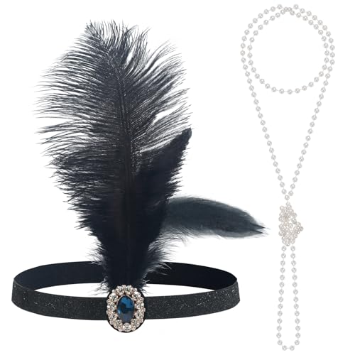 GHGMAO 1920er Jahre Great Gatsby Accessoires Set für Frauen Brüllende 20er Jahre Kostüme Flapper Zubehör Gatsby Kopfbedeckung Perlenkette (F01-Schwarz) von GHGMAO