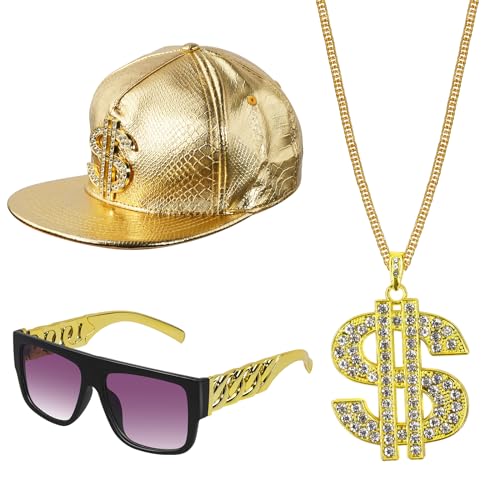 GHGMAO 90er Jahre Hip Hop Kostüm Outfit Kit Gold Dollar Zeichen Anhänger Halsketten Verstellbar Snapback Hut Rapper Sonnenbrille 80er Jahre Rapper Kostüme Zubehör für Männer Frauen 3 Stück von GHGMAO