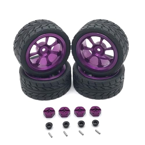 GHJtRs 65 mm Gummireifen und Metallfelgen-Set für RC-Cars, kompatibel mit 144001 144010 124007 124016 124019 A959 A959-B, 4 Stück 12 mm Sechskant-Upgrade-Teile(Purple) von GHJtRs