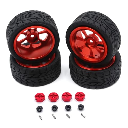 GHJtRs 65 mm Gummireifen und Metallfelgen-Set für RC-Cars, kompatibel mit 144001 144010 124007 124016 124019 A959 A959-B, 4 Stück 12 mm Sechskant-Upgrade-Teile(Red) von GHJtRs