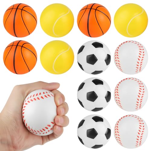 GHVACZS 12 Stück Stressball, 6cm/2,36zoll Mini Stress Sportbälle, Schaum Antistressball, Stressabbau Bälle Set enthält Fußbälle, Basketbälle, Tennisbälle, Baseballs, Geeignet für Kinder und Erwachsene von GHVACZS