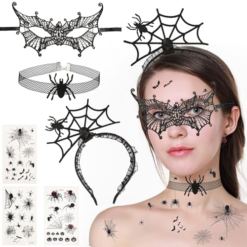 GHVACZS Spinnen Haarreif, Spinnen halsband, Spinnen Augenmaske, 3 Stück Spinnen Tattoo, Halloween Karneval Party Maskerade Cosplay Dekoration von GHVACZS