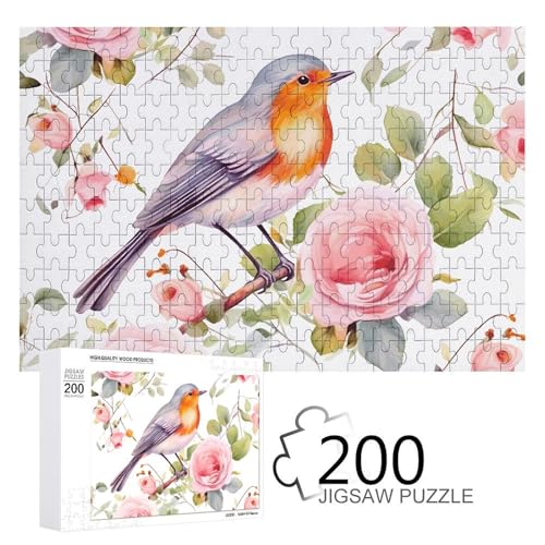 Puzzle, 200 Stück, Blumendruck, Aquarell, Rotkehlchen, Vogel, personalisiertes Puzzle für Erwachsene, Holzpuzzle, individuelle Puzzles aus Fotos, Bilderpuzzle, klassisches Puzzle für Hochzeit, von GHZWACKJ