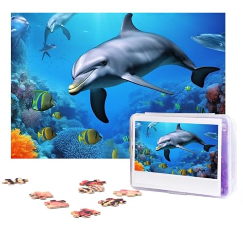 Puzzle 300 Teile Delfin im Korallenriff Puzzles Personalisiertes Puzzle für Erwachsene Holzpuzzles Benutzerdefinierte Bilderpuzzles Klassisches Puzzle für Hochzeit Geburtstag Valentinstag von GHZWACKJ