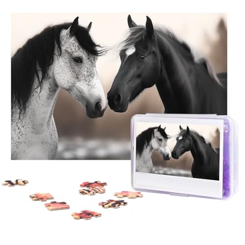 Puzzle 300 Teile Schwarz und Weiß Pferde Puzzles Personalisiertes Puzzle für Erwachsene Holzpuzzles Benutzerdefinierte Bilderpuzzles Klassisches Puzzle für Hochzeit Geburtstag Valentinstag von GHZWACKJ