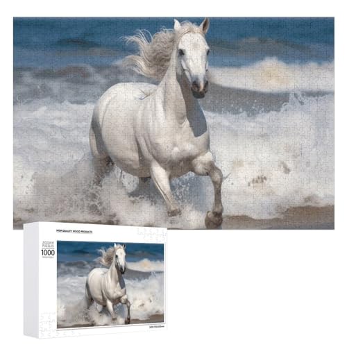 Puzzle mit 1000 Stück, weißes Pferd, das auf dem Meer läuft, personalisiertes Puzzle für Erwachsene, Holzpuzzle, individuelle Puzzles aus Fotos, Bildpuzzle, klassisches Puzzle für Hochzeit, von GHZWACKJ