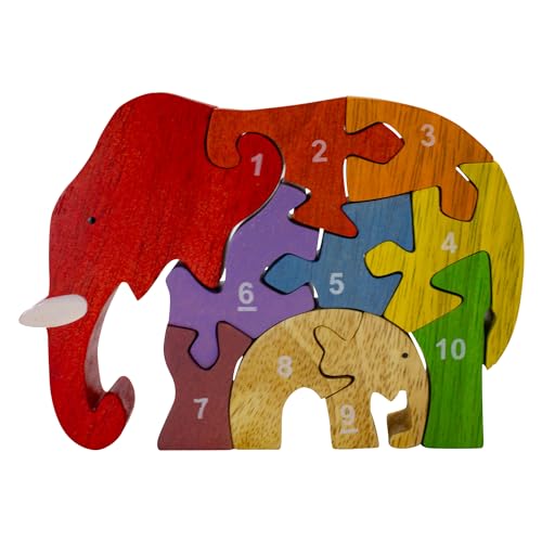 1-10 Zahlen Puzzle Elefant, Zahlenpuzzle für Kinder 10 -TLG Holz lasiert - 2903 von GICO