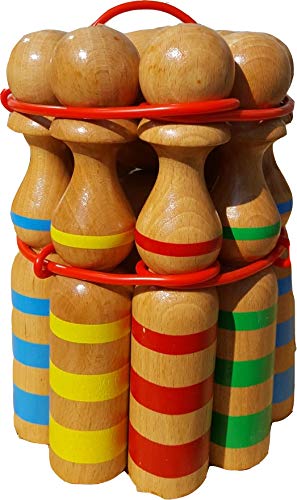 GICO Kegelspiel Kegel Set Bowling aus Holz groß für Kinder und Erwachsene - Massivholz 30 cm, gestreift - 3026 von GICO