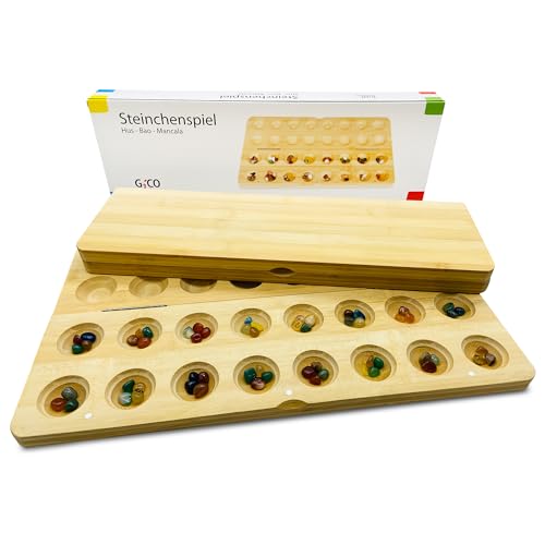 GICO Steinchenspiel Hus Bao Mancala groß aus Holz mit Edelsteinen. Das Strategiespiel für Jung und Alt bekannt aus dem Kindergarten - 7953 von GICO