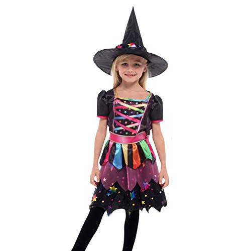 GIFT TOWER 2er Hexen kostüm Mädchen Hexenkleid Regenbogen Kinder Halloween Kostüm für Halloween Karneval Fasching Cosplay (Mehrfarbig, M/für 110-120cm) von GIFT TOWER