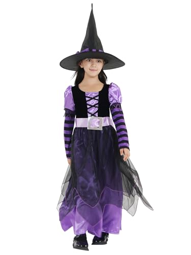 Gift Tower Hexekleid Halloween Mädchen Hexenkostüm mit Hexehut für Hexe Cosplay Karneval Faschingkostüm Violett L/Länge 100cm von Gift Tower