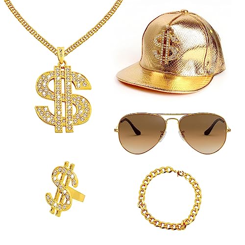 GIGIIS Zuhälter Kostüm 90er Jahre Outfit Herren Hip Hop Kostüm 80ziger 70er Jahre Accessoires Karneval Gangster Kostüm Hip Hop Cap Goldene Dollar Kette Ring Sonnenbrille 5-teiliges Set von GIGIIS