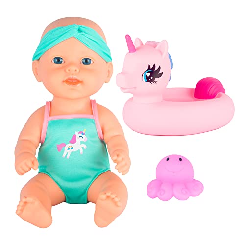 Dream Collection Badepuppe mit Puppenzubehör im Einhorn-Badeanzug, Oktopus-Spielzeug und Handtuch - Wasserfeste Babypuppe 30cm – Beweglich, Weicher Körper - Puppe ab 2 Jahren von GIGO'S DREAM COLLECTION