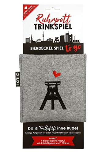 GILDE - 44378 - Ruhrpott Trinkspiel, 9 Bierdeckel in Filzetui, Spielfiguren, Würfel von GILDE