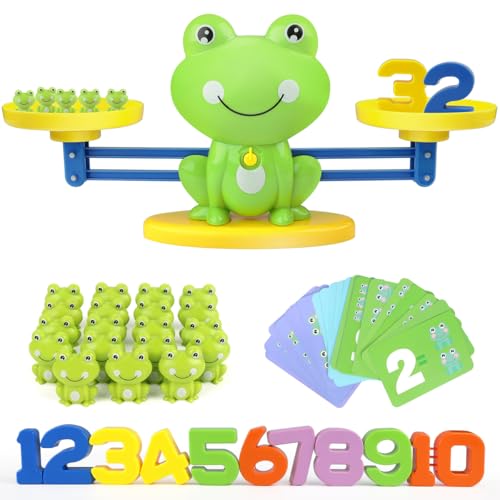 GILOBABY Lernspielzeug Mathe-Spiel, Montessori Spielzeug für Kinder mit Waage und Zubehör, Lernspiele Kinderspielzeug Geschenk für Jungen Mädchen ab 3 Jahre (Frosch) von GILOBABY