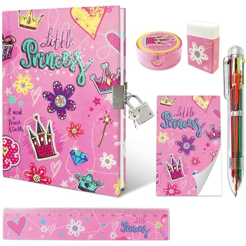 Set Tagebuch Mädchen, Kinder Schreibwaren-Geschenkset Enthält Prinzessin Tagebuch mit Schloss Notizblock Radiergummi Spitzer Lineal & 6-Farben-Stift für Teenager Junge Notizbuch Geschenke 6-12 Jahren von GINMLYDA