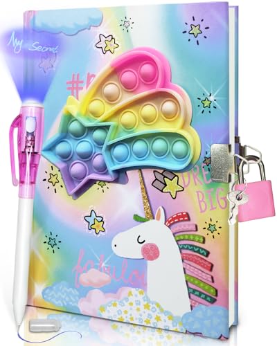 Pop Tagebuch Mädchen mit Schloss und Unsichtbarem Doppelendstift, 19 x 13,5 cm, 80 linierte Blätter Einhorn Pop Fidget Tagebuch Kinder Geheimes Notizbuch Stifte-Set Geschenke für Mädchen und Jungen von GINMLYDA