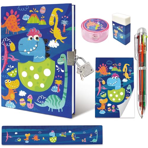 Set Tagebuch Junge, Kinder Schreibwaren-Geschenkset Enthält Dinosaurier Tagebuch mit Schloss Mädchen Notizblock Radiergummi Spitzer Lineal und 6-Farben-Stift für Teenager Notizbuch Geschenke 6+ Jahren Set Tagebuch Junge, Kinder Schreibwaren-Geschenkset Enthält Dinosaurier Tagebuch mit Schloss Mädchen Notizblock Radiergummi Spitzer Lineal und 6-Farben-Stift für Teenager Notizbuch Geschenke 6+ Jahren von GINMLYDA