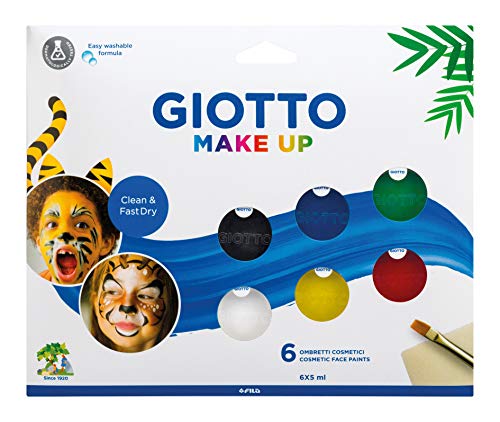 GIOTTO Make-up, schnell trocknende kosmetische Gesichtsfarben, leicht von der Haut waschbar, 6 x 5 ml, verschiedene Farben, inklusive Pinsel und Schwamm, ideal für Kinder und Partys von GIOTTO