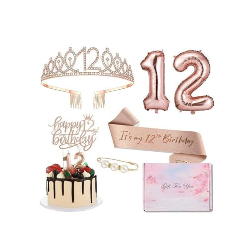 GIVBRO 12. Geburtstag Tiara Strass Krone Geburtstag Schärpe mit Perle Pin 12. Luftballons Kuchen Topper 12. Digitale Kerzen Mädchen Party Supplies von GIVBRO