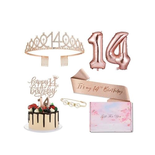 GIVBRO 14. Geburtstag Tiara Strass Krone Geburtstag Schärpe mit Perle Pin 14. Luftballons Kuchen Topper 14. Digitale Kerzen Mädchen Party Supplies von GIVBRO