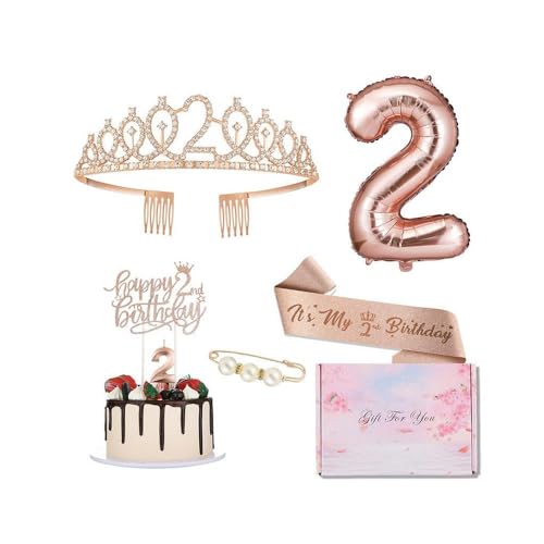 GIVBRO 2. Geburtstag Tiara Strass Krone Geburtstag Schärpe mit Perle Pin 2. Luftballons Kuchen Topper 2. Digitale Kerzen Mädchen Party Supplies von GIVBRO