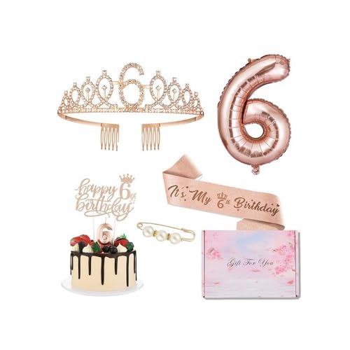 GIVBRO 6. Geburtstag Tiara Strass Krone Geburtstag Schärpe mit Perle Pin 6. Luftballons Kuchen Topper 6. Digitale Kerzen Mädchen Party Supplies von GIVBRO