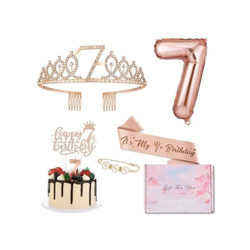 GIVBRO 7. Geburtstag Tiara Strass Krone Geburtstag Schärpe mit Perle Pin 7th Balloons Cake Topper 7th Digital Kerzen Mädchen Party Supplies von GIVBRO