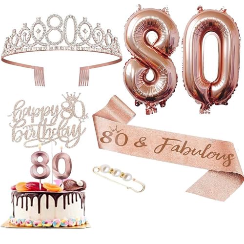 GIVBRO 80 Geburtstag Tiara Strass Krone Geburtstag Schärpe mit Perle Pin 80 Luftballons Kuchen Topper 80 Digital Kerzen Frauen Party Supplies von GIVBRO