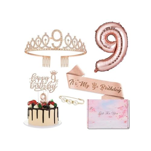 GIVBRO 9 Geburtstag Tiara Strass Krone Geburtstag Schärpe mit Perle Pin 9th Luftballons Cake Topper 9th Digital Kerzen Mädchen Party Supplies von GIVBRO