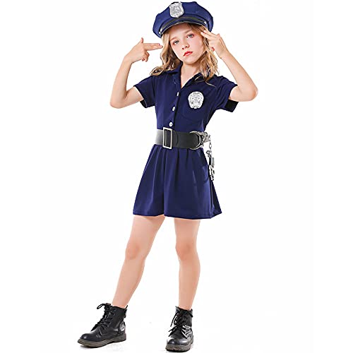 GIVBRO Halloween-Kostüm für Mädchen, Polizistin, Uniform, Kleid, Kappe, Outfits für Kinder, Größe L von GIVBRO